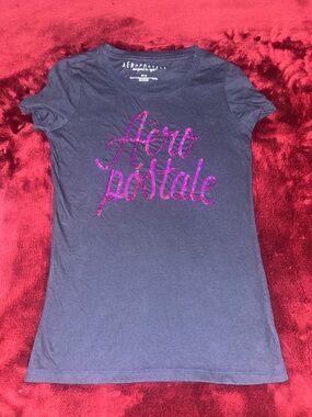 Aeropostale Navy Short Sleeve Tee with Pink Glitter Logo